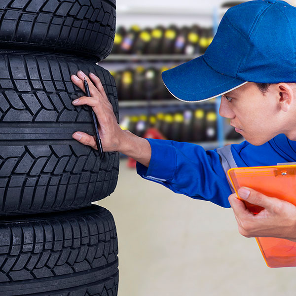 Mechanic checking stack of tires and holding a clipboard
